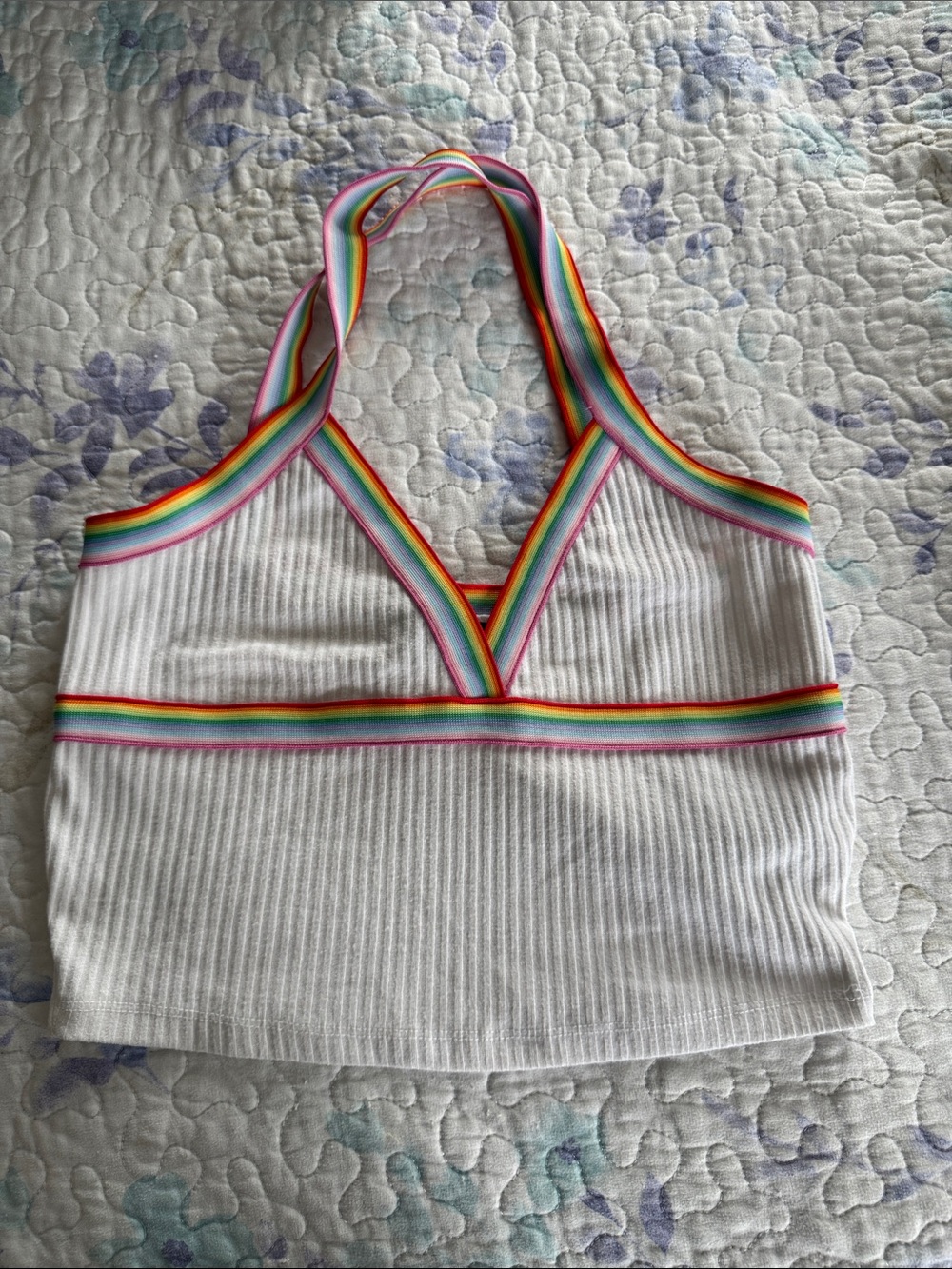 Forever 21 White Ribbed Halter Crop Top with Rainbow Trim